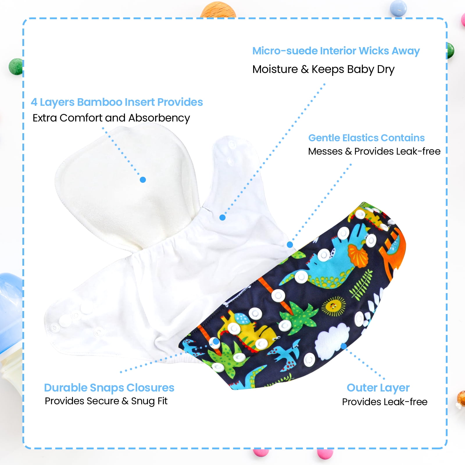 6 Pack Baby Cloth Diapers Reusable with 6 Inserts 1 Wet Bag Washable Adjustable Diaper for Baby Toddler Girls Boys