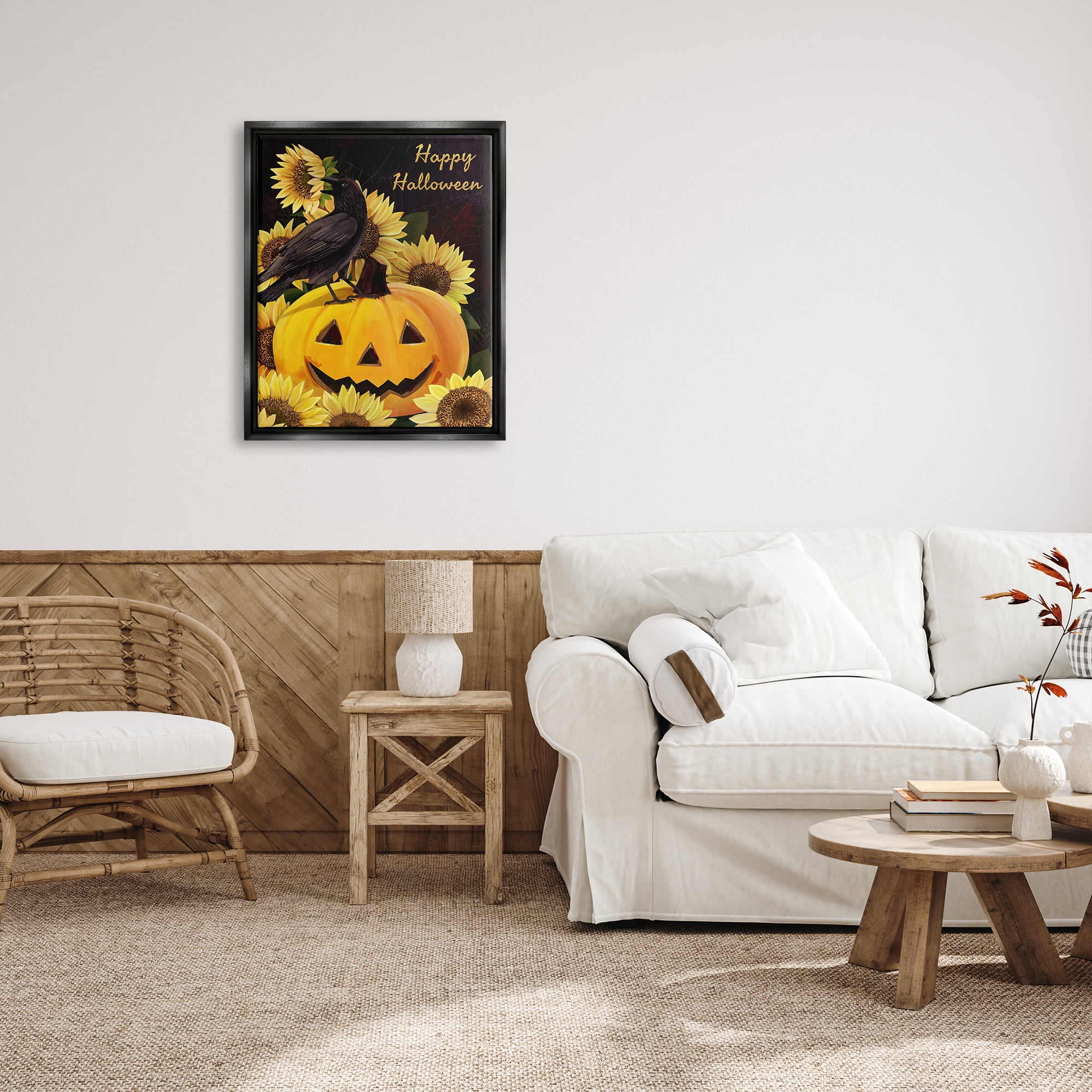 Stupell Industries Crow on Jack-o-Lantern Holiday Painting Black Floater Framed Art Print Wall Art, 25 x 31