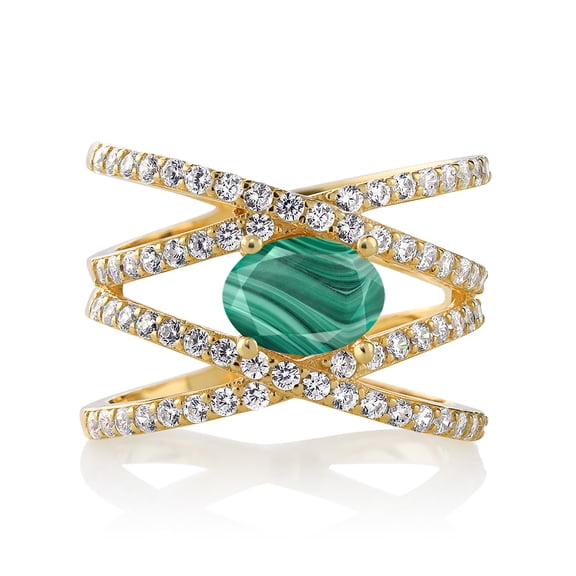 Gem Stone King 2.93 Ct Oval Green Malachite 18K Yellow Gold Plated Silver Ring (Size 9)
