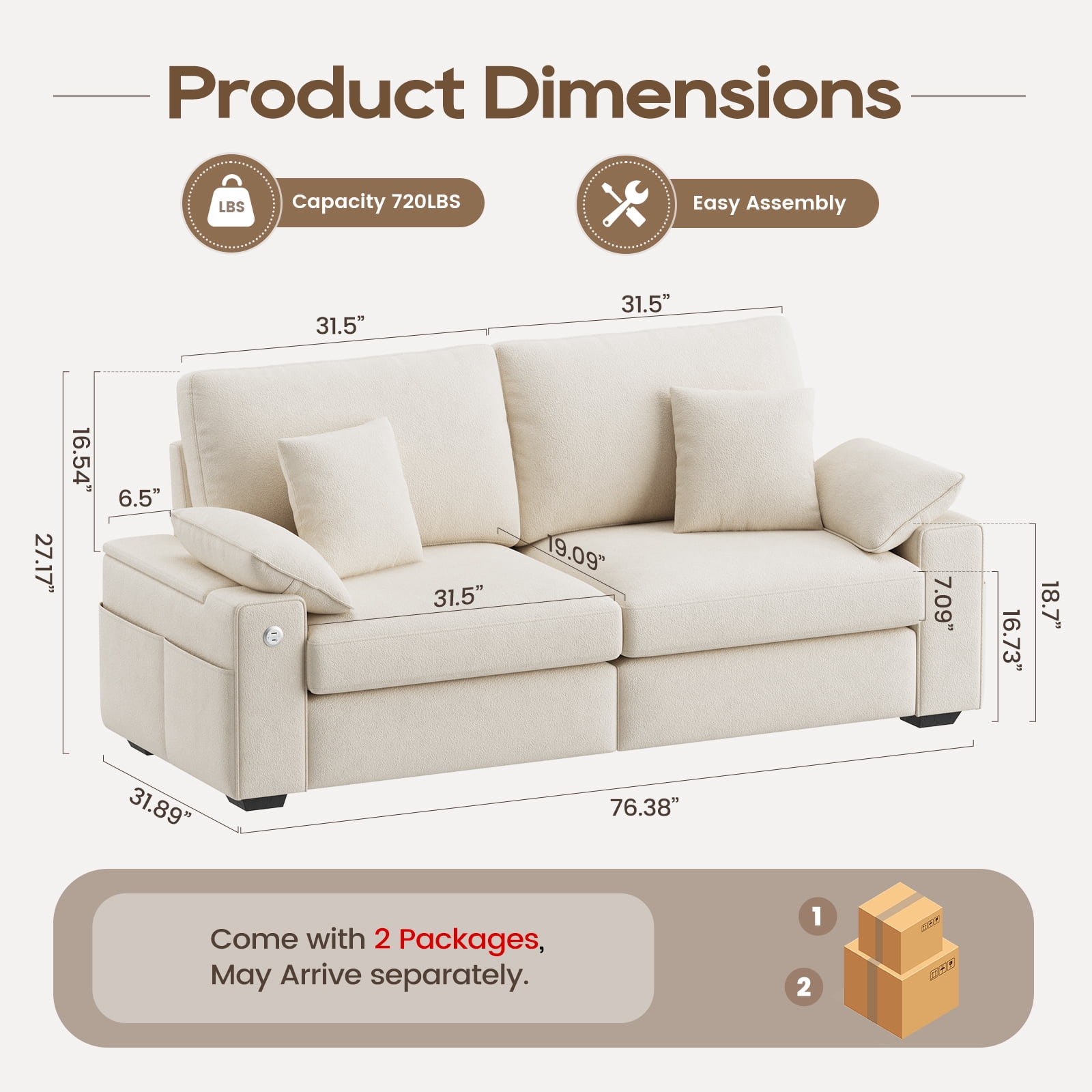 EOP 76" Loveseat Sofa, Comfy Modern 2-Seats Sofa with Pillow Armrest, USB/Type-C Port, Side Storage, Removable Cover, Deep Seat Couch, Small Couches for Small Space and Living Room, Beige