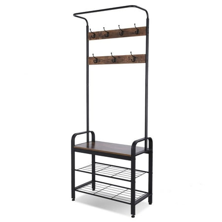 Entry Coat Rack Bench Tebru Coat Clothes Stand, Coat Hat Tree, Industrial Coat Rack Shoe Bench Hall Tree Entryway Storage Shelf ()