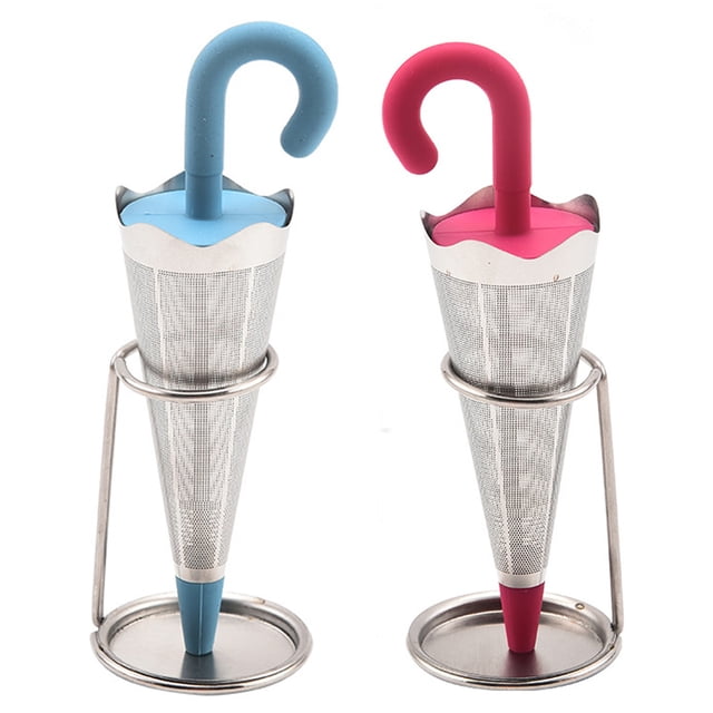 2 infusores de té reutilizables con forma de paraguas y bandeja antigoteo para tazas de té, jarras y teteras, colador de té de malla fina de acero inoxidable con tapa de silicona para té