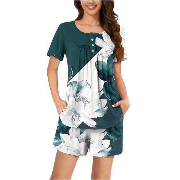 Conjunto de Ropa de Salón de las Mujeres Impreso Cuello Redondo Manga Corta Superior Y Pantalones, Ropa de Casa Suave Dos Piezas