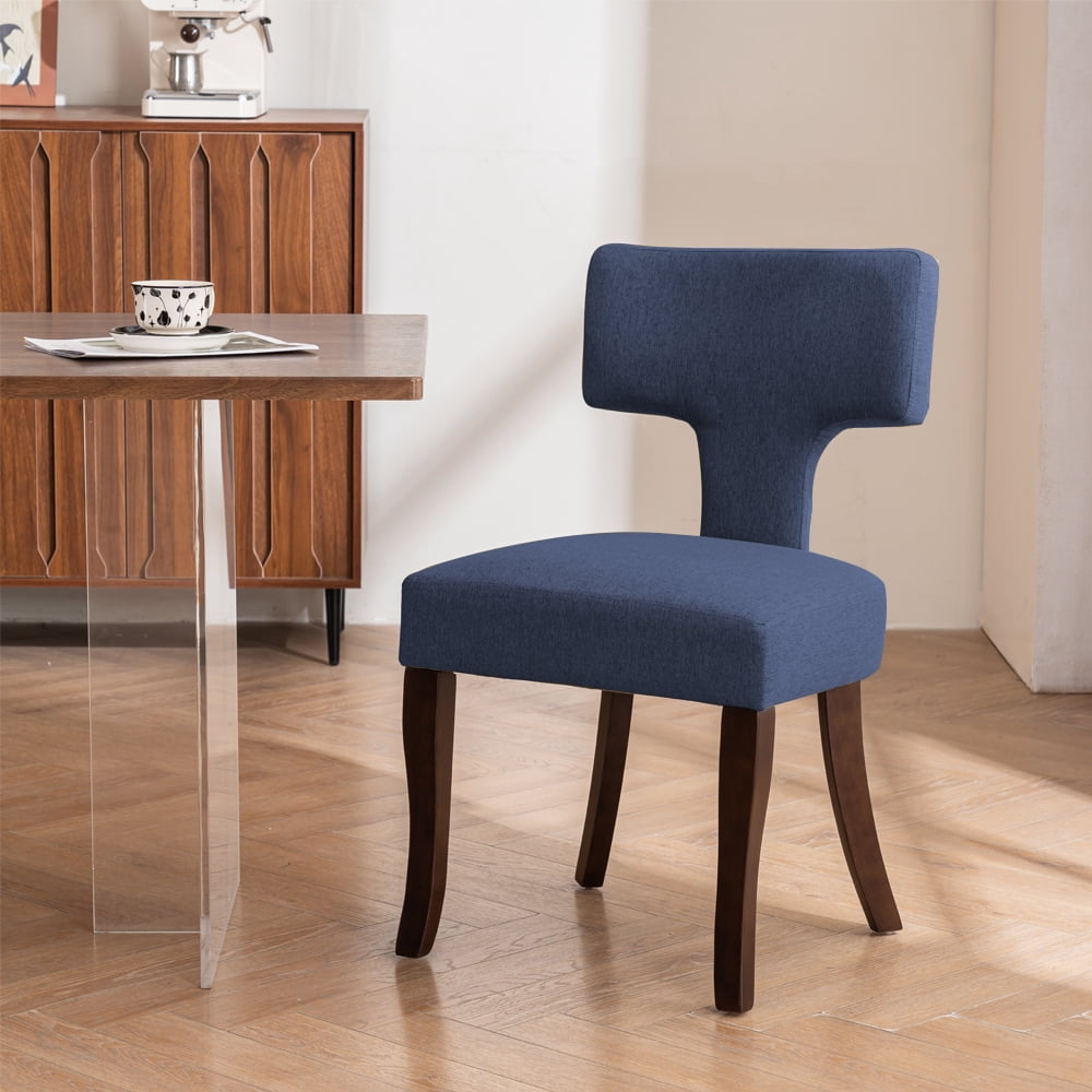 ENYLAY Mid Century Modern Wooden Dining Chairs Set of 2 , Linen Upholstered Armless Wooden Chairs with Curved Backrest for Farmhouse Kitchen/Dining Room (Blue)