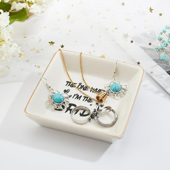1pc Porcelain Square Ring Holder Jewelry Tray for Holding Small Jewelries Rings Necklaces Earrings Bracelets Trinket for Women Birthday Gift Word 10.5x10.5x2.7cm