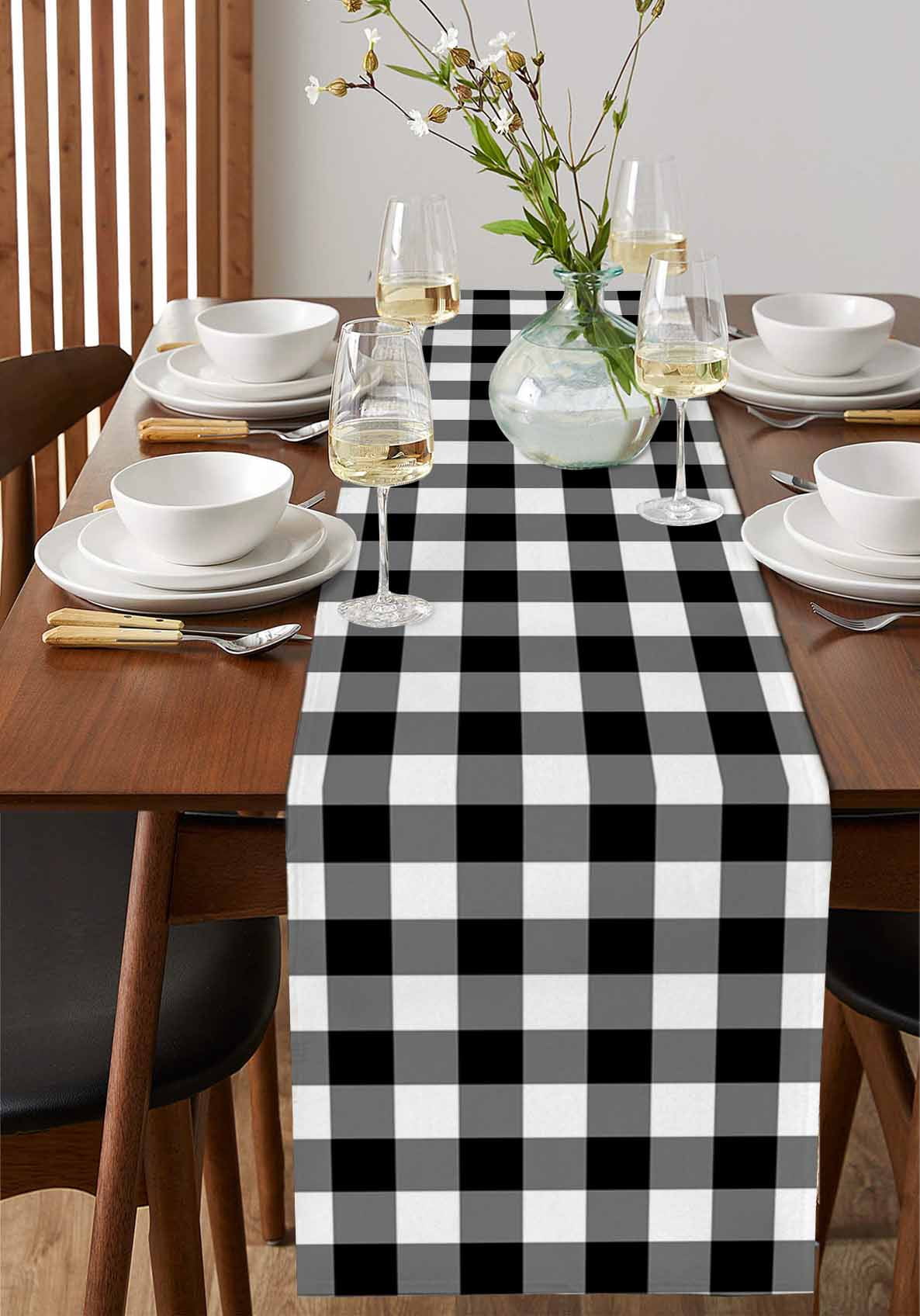 nqOlkjepod Black White Plaid Table Runner 70 Inches Long Farmhouse Dress Scarves, Gradient Geometric Buffalo Checkered Dining Tablerunner for Coffee Table/Kitchen Island/Party Décor, 13" x 70"