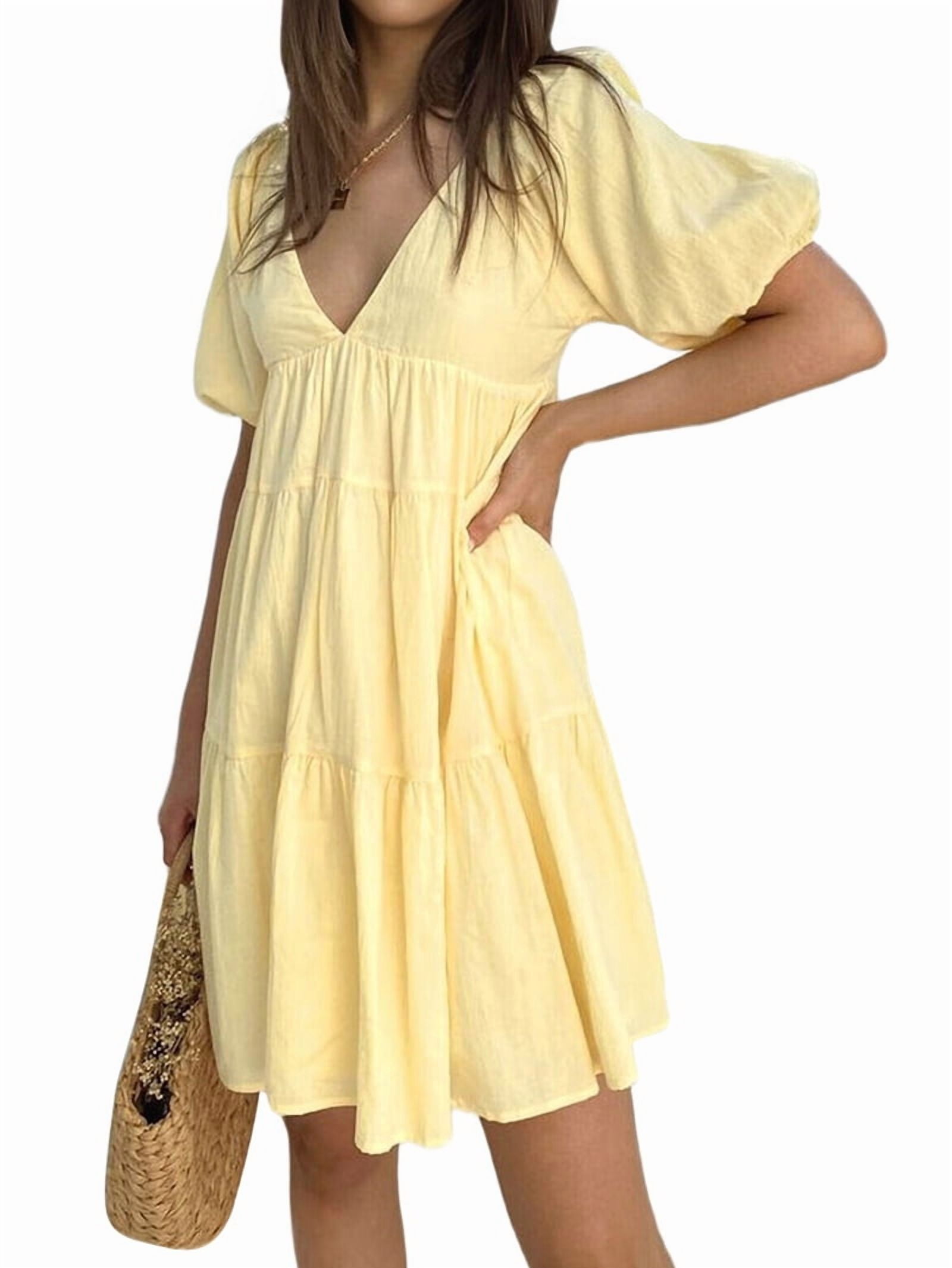 Womens Puff Short Sleeve Mini Dress Flowy Y2k Ruffle Lace Trim Babydoll Tie Front Embroidered A Line Dresses Yellow S