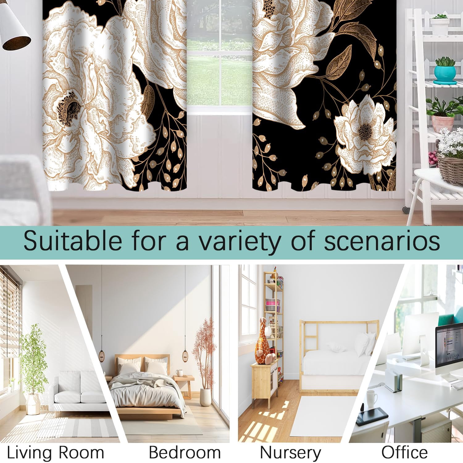 Boho Floral Blackout Curtain, Black Gold Flowers Aesthetic Art Curtains Darkening Thermal Insulated Grommet Window Drapes for Living Room Bedroom Decor 2 Panels 52x84 Inches