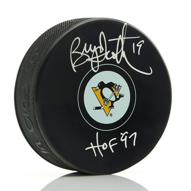 Bryan Trottier Autographed Pittsburgh Penguins Hockey Puck with HOF Note