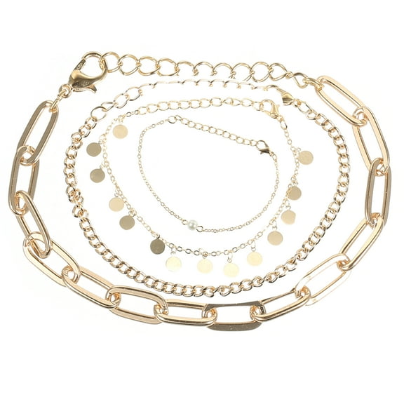 Vocoste Dainty Layered Bracelets for Women Flat Snake Chain Bracelet Faux Pearl Pendant Gifts Gold Tone 1Set