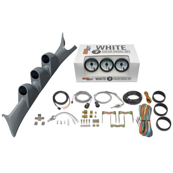 GlowShift | 1999-2007 Ford Super Duty 6.0 Powerstroke & 7.3 Powerstroke Gray Triple Pillar Pod with White 7 Color Series 60 PSI Boost Gauge, 2400 Pyrometer EGT Gauge & Trans Temp Gauge
