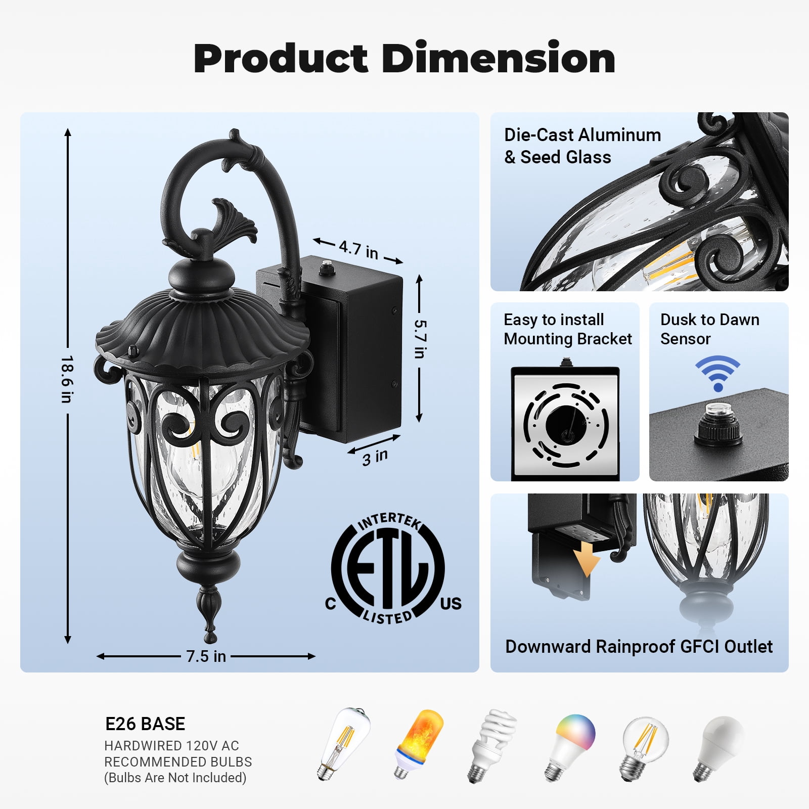 OPAXIS 18.6" H Porch Lights with Outlet, Dusk to Dawn Outside Lights for House, Waterproof Exterior Lighting Fixtures Wall Mount with GFCI Outlet, Black Front Door Light with GFCI Outlet for Garage
