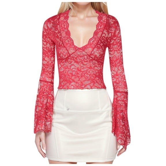 Sexy Deep V Neck Slim Fit Long Sleeve Lace Top Women's Fashion Versatile Spicy Girl Style T-Shirt Casual Elegant