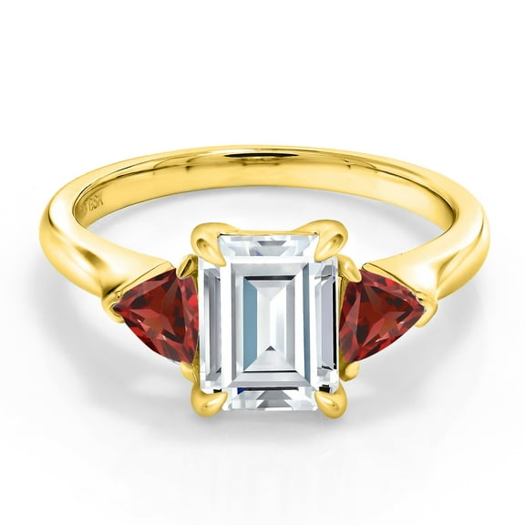Gem Stone King 18K Yellow Gold Plated Silver White Moissanite and Red Garnet 3-Stone Ring for Women (2.15 Cttw, 8X6MM Emerald Cut and 3.5 Trillion, Gemstone Birthstone, Size 7)