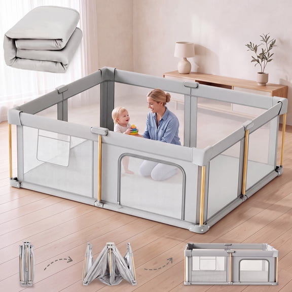 71"x59"x27" Foldable Baby Playpen with Mat,Play Yards for Toddlers,Baby Fence with Breathable Mesh,Anti-Fall Pads,Storage Bag,2 Pull up Rings