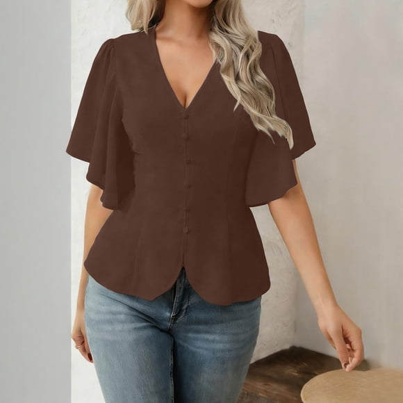 VgaVtl V-Neck Women's Blouses Summer Short Sleeve Womens Tops Slim Fancy Pleated Brown Casual Plain Tunic Tops