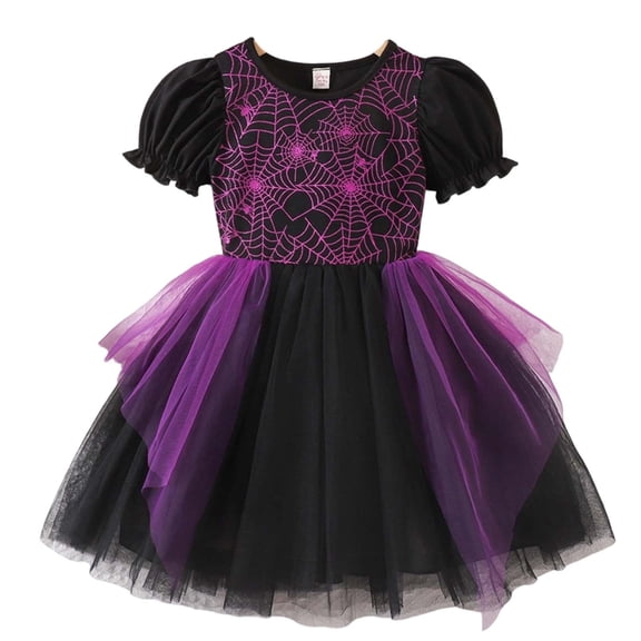 Virmaxy Toddler Halloween Dress Spider Web Print Short Puff Sleeve Tulle Tutu Skirt Witch Costume for Fall Festival Sizes 2T-7T, Purple