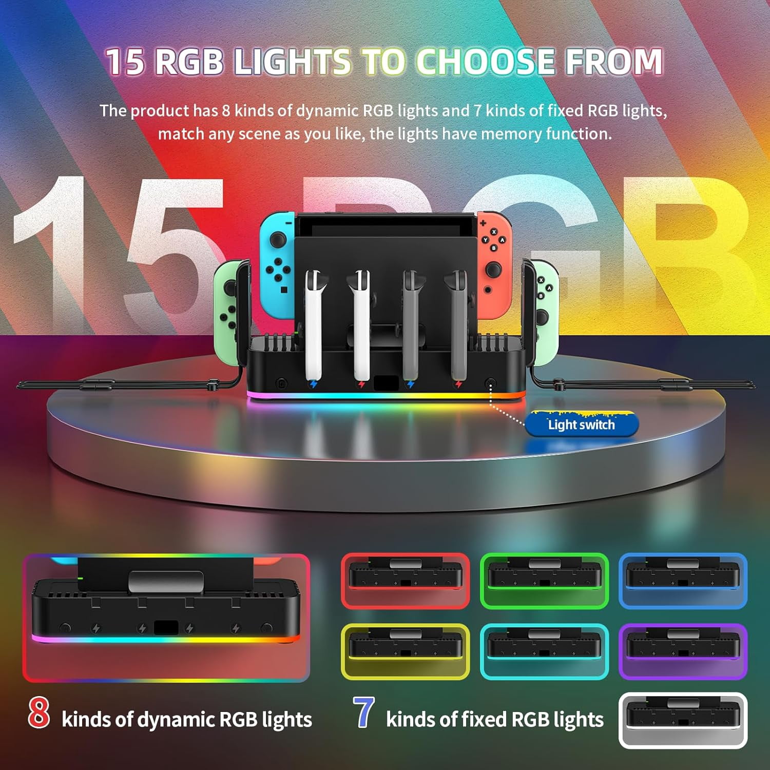 RGB Switch Wall Mount with Joy-Con Charger, Switch Holder for Nintendo Switch / OLED with Switch Organizer, Switch Accessories with 15 Light Mode, 4 Controller Charger, 2 USB Port, 10 Card Slot Black