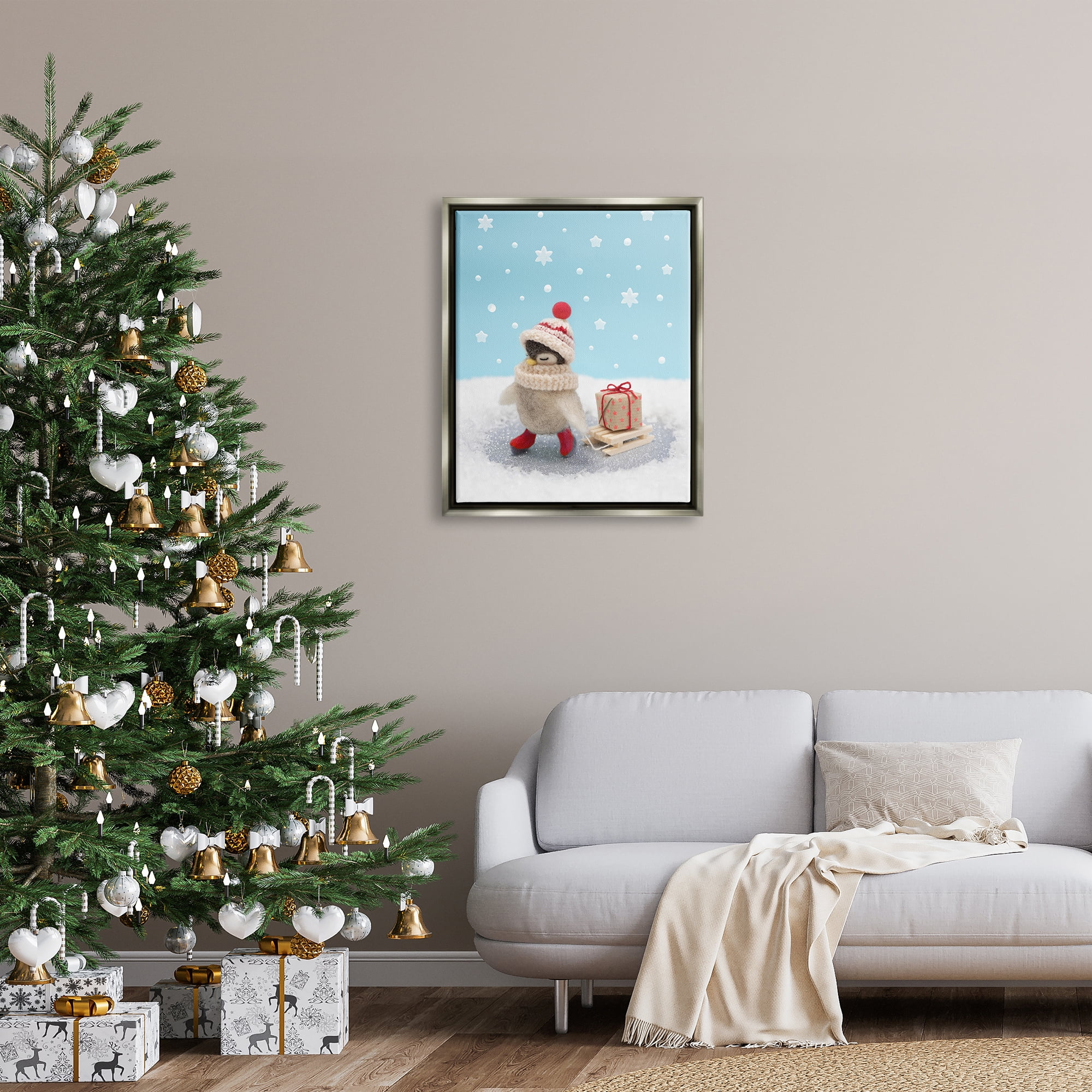 Stupell Industries Penguin Christmas Present Sled Holiday Photography Gray Floater Framed Art Print Wall Art