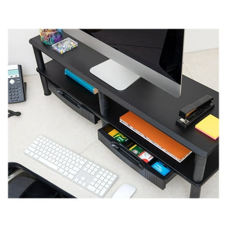 Mind Reader - Dual Monitor Stand, Storage Shelf, Desktop Organizer, Riser, Office, 38.5"L x 11"W x 10.5-12.5"H - Black