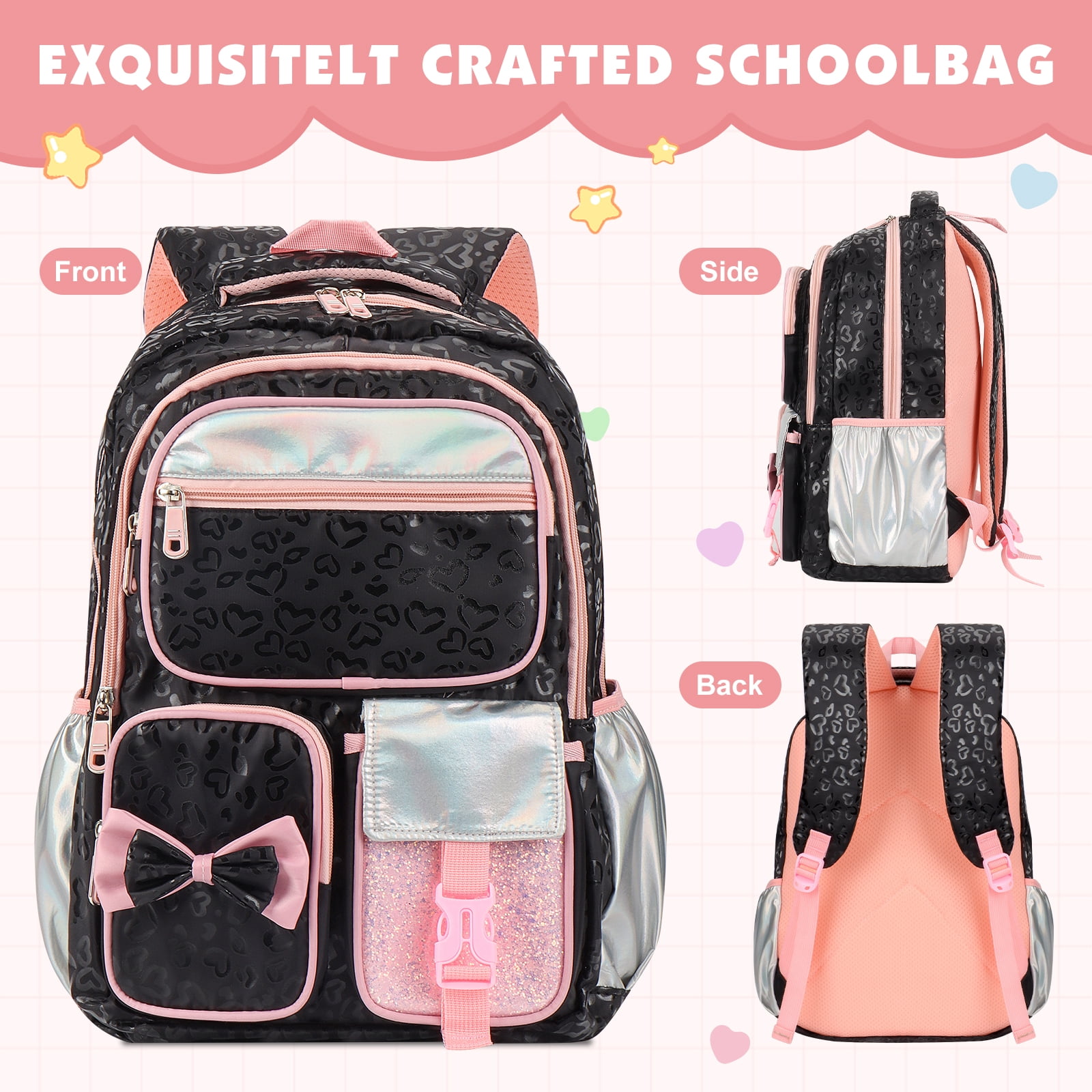 DAKIMOE School Backpack for Teens Cute Girlish Middle High School Bookbag Large Capacity Lightweight Waterproof Daypack for College Students, Black and Pink