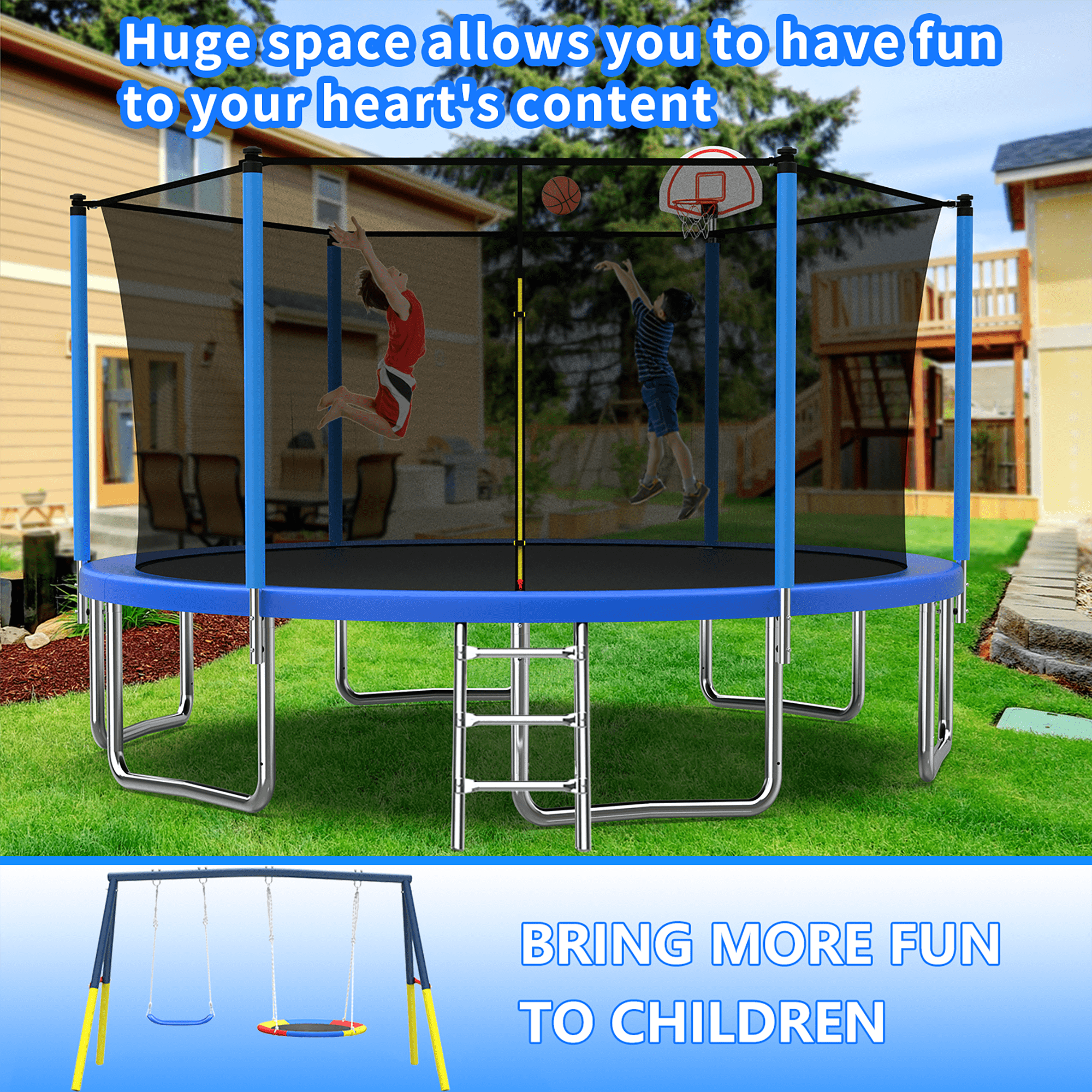 Mersco 14FT Heavy Duty Trampoline with Enclosure Net , Slide Outdoor Big Trampoline for Backyard,Kids Trampoline with Basketball Hoop,Birthday and  Holiday Gifts for Kids,Green