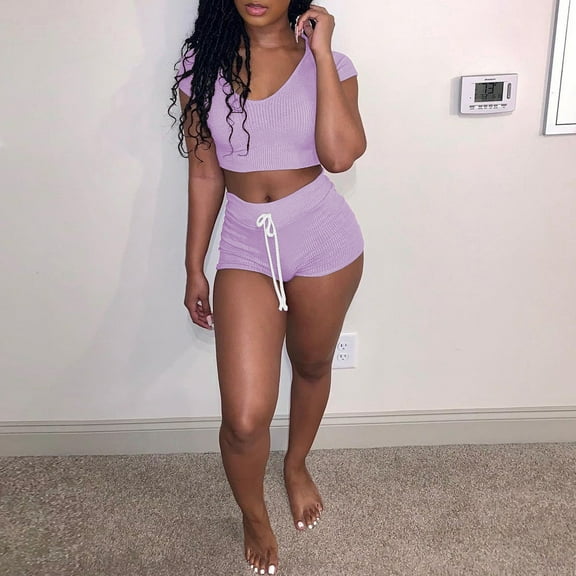 Daqian Womens Plus Size Shorts Fashion Women Sexy Solid Color Sportswear Suit 2PC Tracksuit Short Sleeve Sets Plus Size Shorts for Women Purple 10(XL)