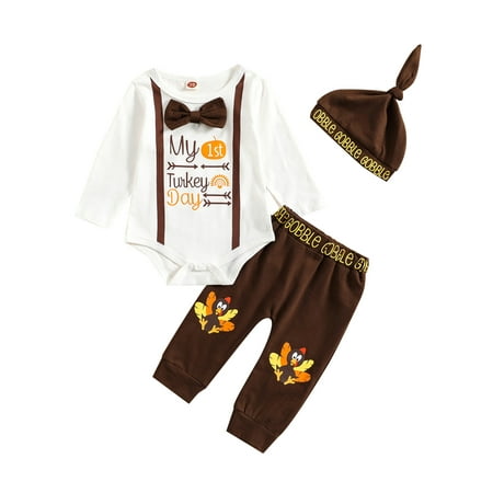 

Mxiqqpltky Baby Boys Thanksgiving Outfit Letter Print Romper Turkey Print Long Pants Hat Set