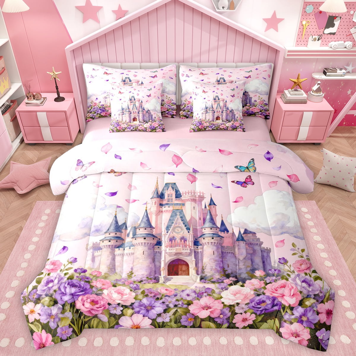 Homewish Luxury Princess Castle 7 Pieces Bedding Comforter Set Brauty Flower Floral Full Bedding Set Fairy Tale Theme Fitted Sheet Flat Sheet For Girrl Kids Breathable Home Decor Reversible