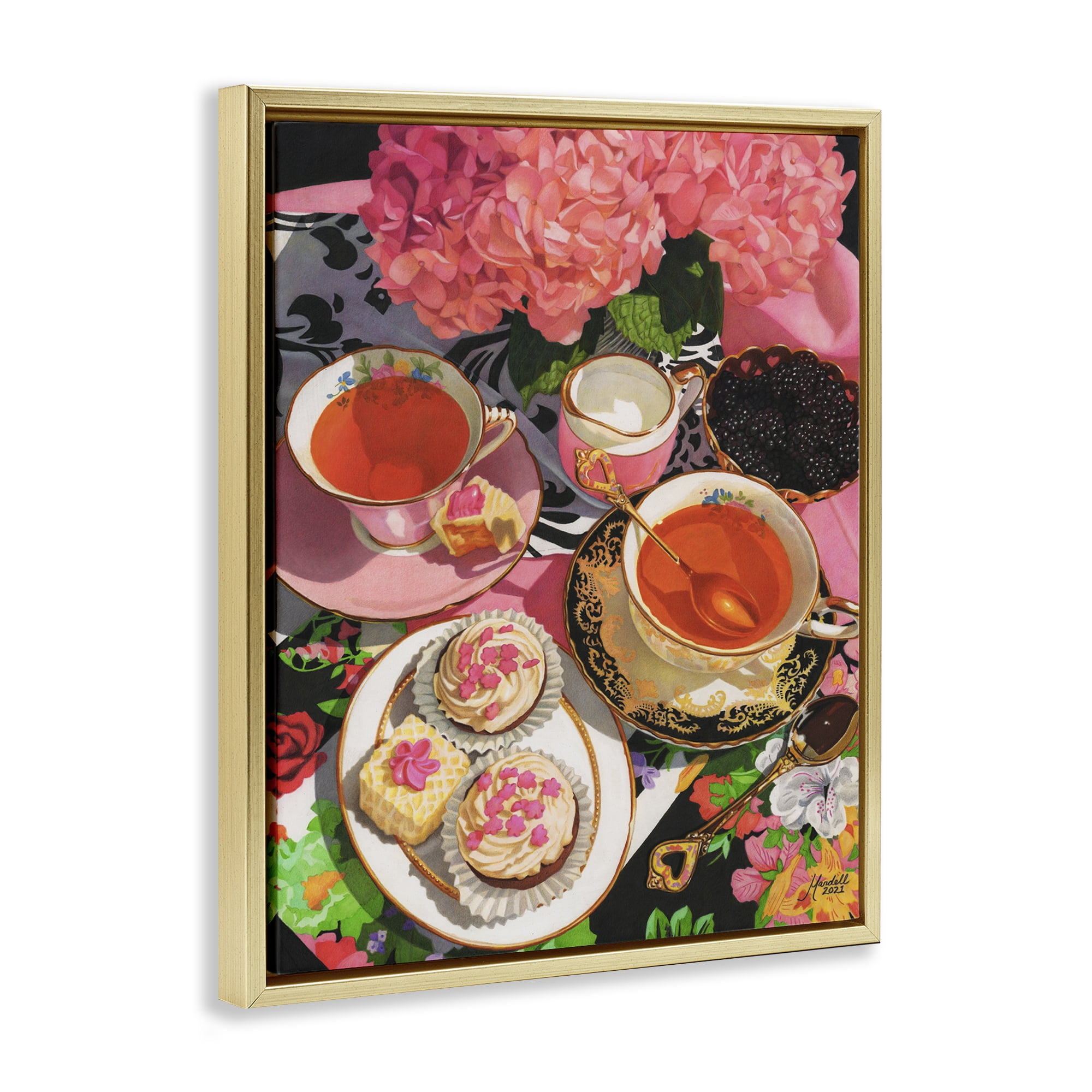 Stupell Industries Pink Hydrangea Tea Party Food & Beverage Painting Gold Floater Framed Art Print Wall Art, 25 x 31
