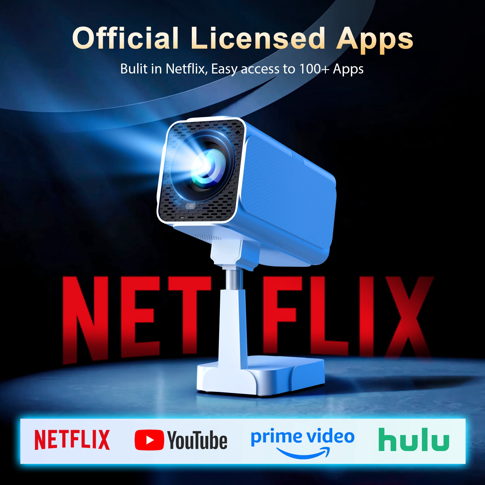 [Netflix Ready] Smart Projector with WiFi and Bluetooth, 4K 1080P Support, Electric Focus & Auto Keystone, Rotatable & Height-Adjustable Stand, Max 250" Screen