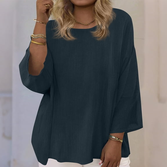 Tops for Women 3/4 Sleeve Round Neck Solid Casual Loose Top