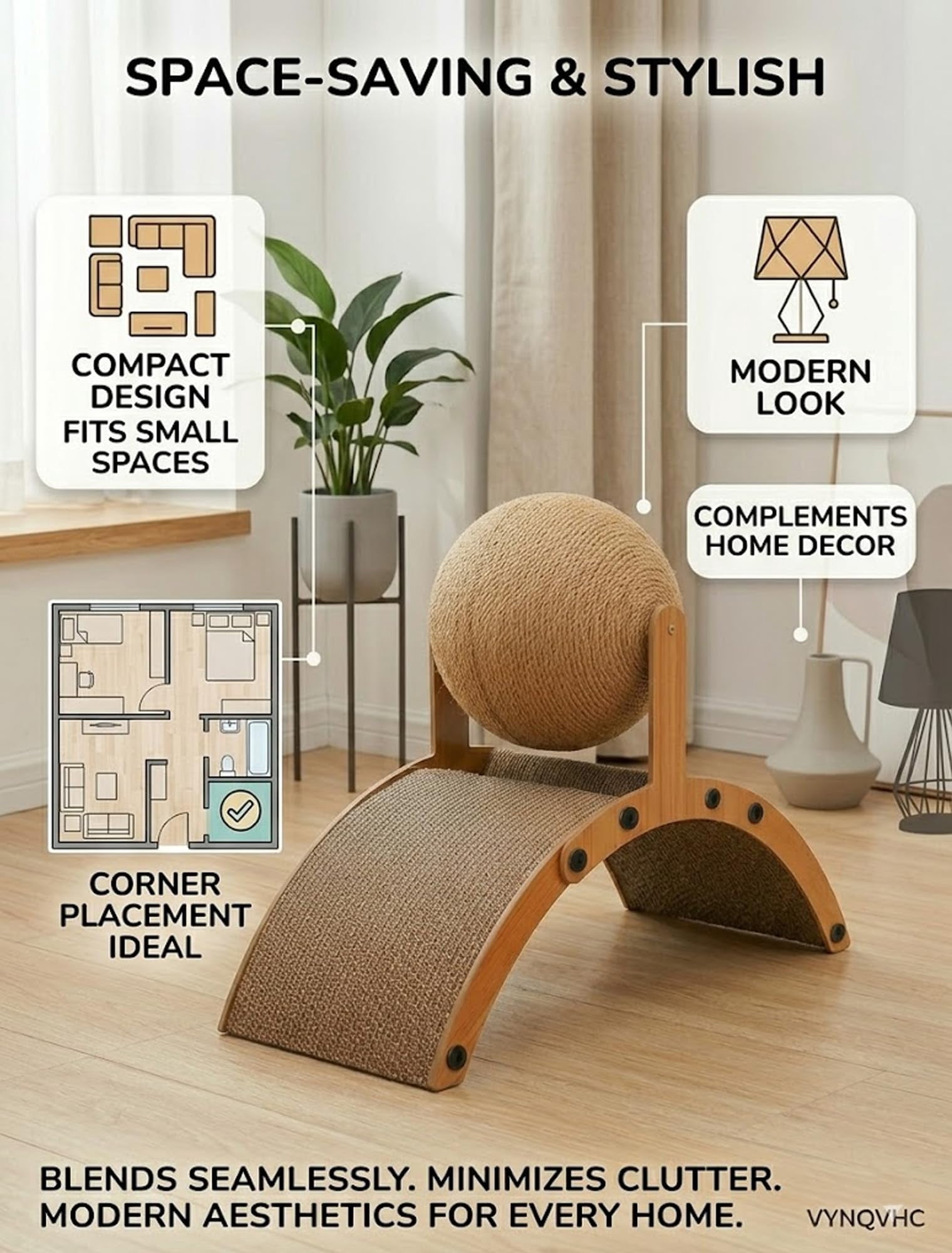 Cat Scratching Ball on Stand 2-in-1 Wood Cat Scratcher with Interactive Arch Bridge and Spinning Scratching Orb Indoor Cats Scratch Pad Furniture Protector