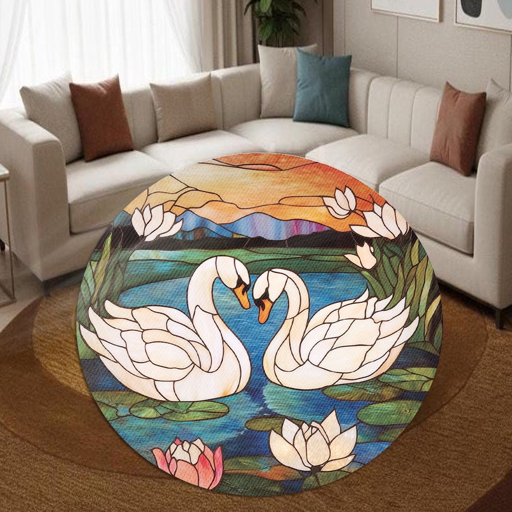 Round Area Rug, Swans Non-Slip Floor Mat, Soft Washable Carpet for Living Room Bedroom Decor 24 Inch