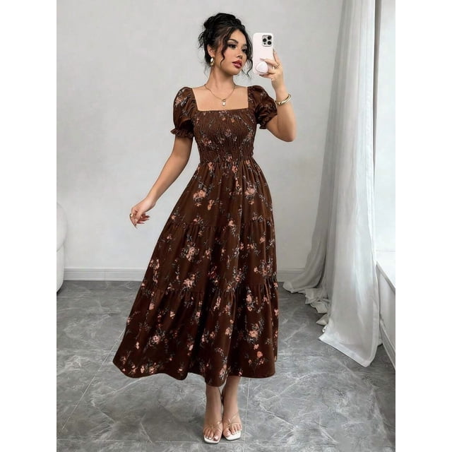 Vestido Maxi Con Cuello Cuadrado, Manga Corta Fruncida Y Estampado Floral