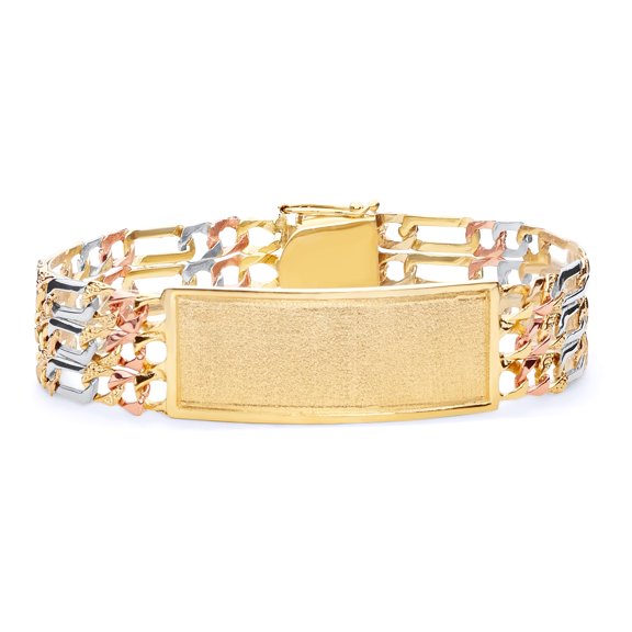 Wellingsale 14k Tri 3 Color Gold Solid Polished Mens 3 Line Nugget Figaro Link ID Bracelet - 8.5"