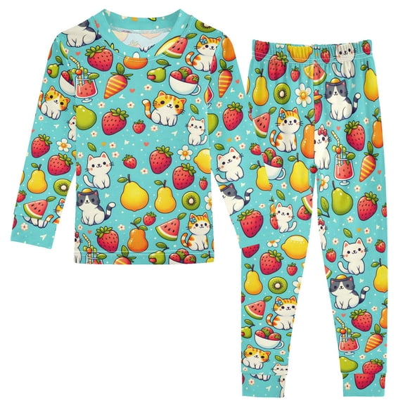 Dailycode Cotton Pajama Set Snug Fit Long Sleeve Top and Pants for 18M-8Y Cartoon Cats and Fruit
