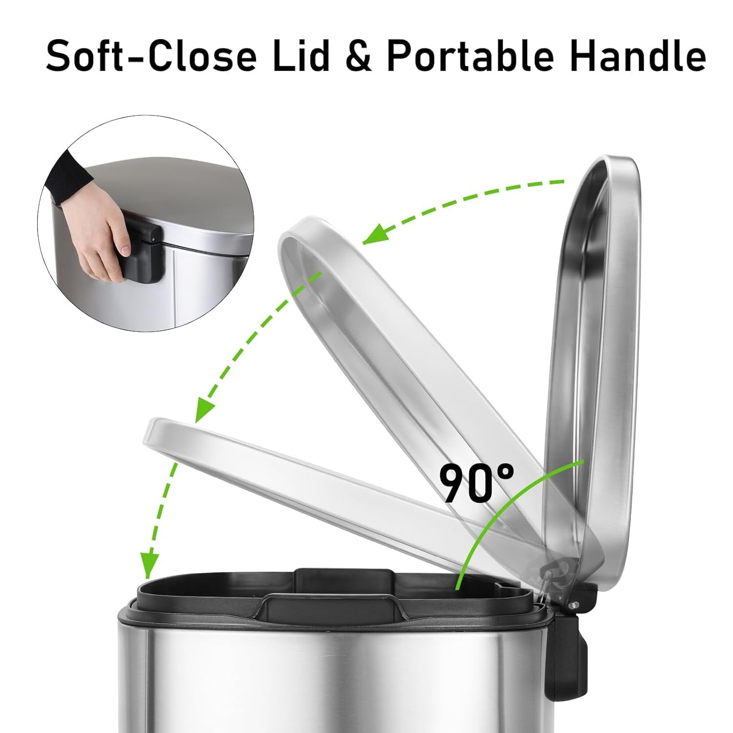 LAZY BUDDY 13.2+1.3 Gallon Kitchen Trash Can, Stainless Steel Garbage Bin Soft-Close Lid & Foot Pedal for Home Office