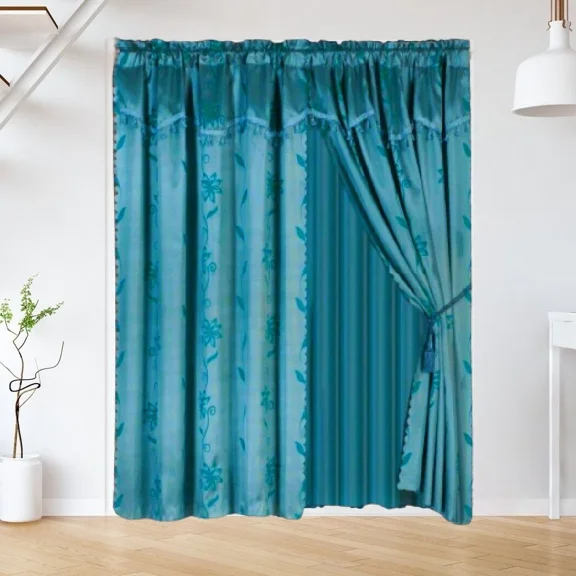 Gorgeous Home Linen 2pc Window Curtain Set 120" W X 84" L Attached Valance and Backing Sheer with 2 Tassels Rod Pocket Drape Leaf Printed Turquoise Blue