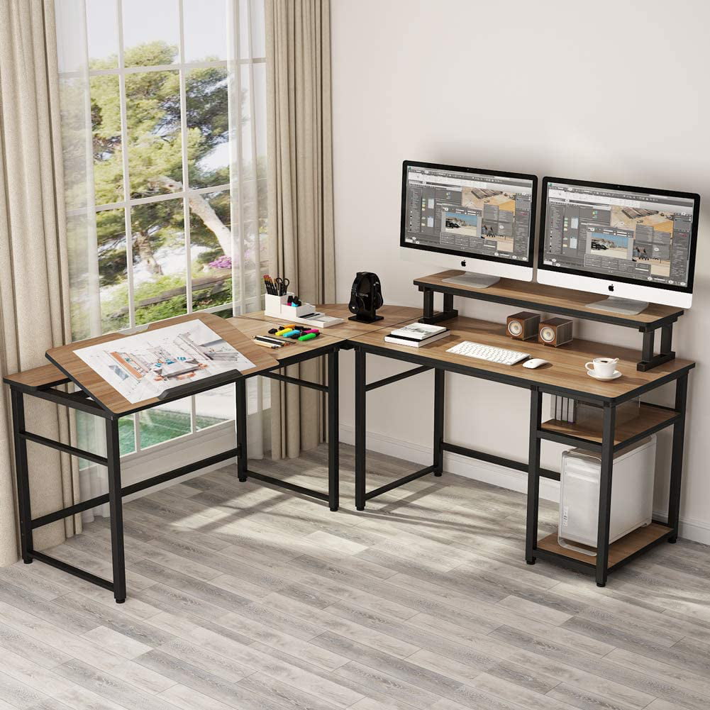 Corner Costway L-Shaped Computer Desk Corner Workstation Study Gaming Table Home Office with RGB