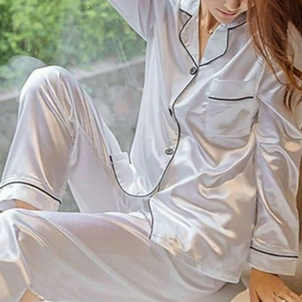 Womens Silk Satin Pajama Set 2 Piece Pajamas Long Sleeve Button Down Shirt  and Pants Sets Loungewear Sleepwear Pjs