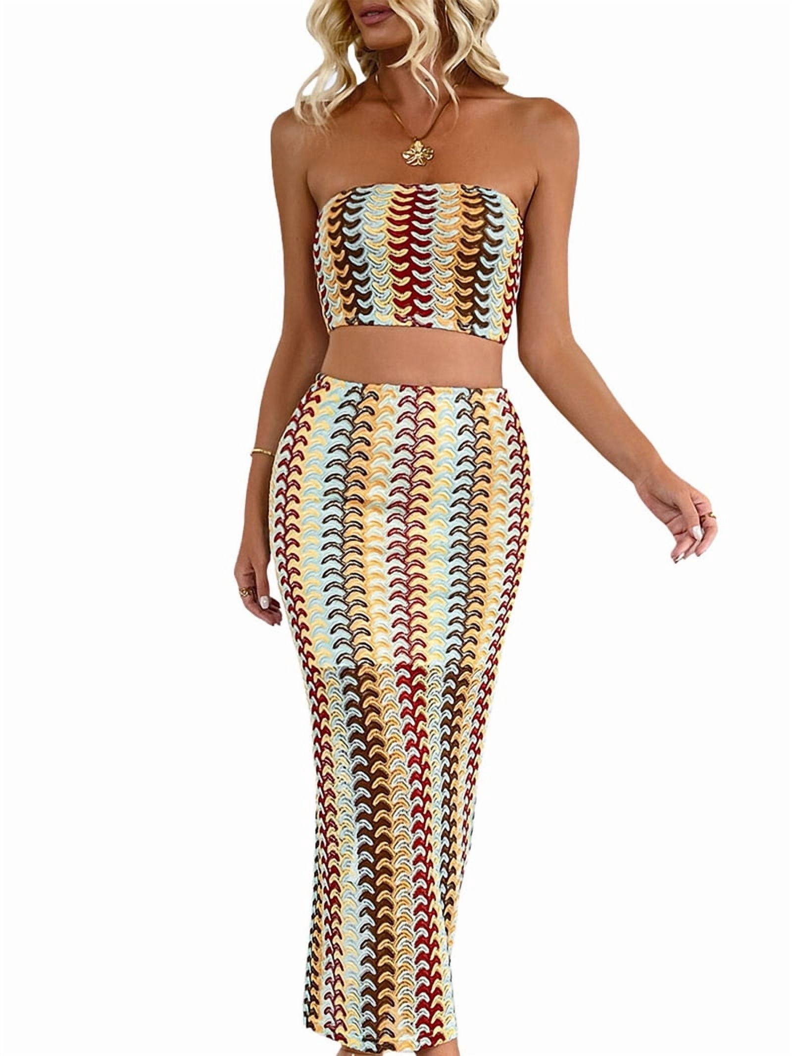 Women'S Summer Colorful Striped Tube Top Dress Set Two Piece Suit Yellow XL
