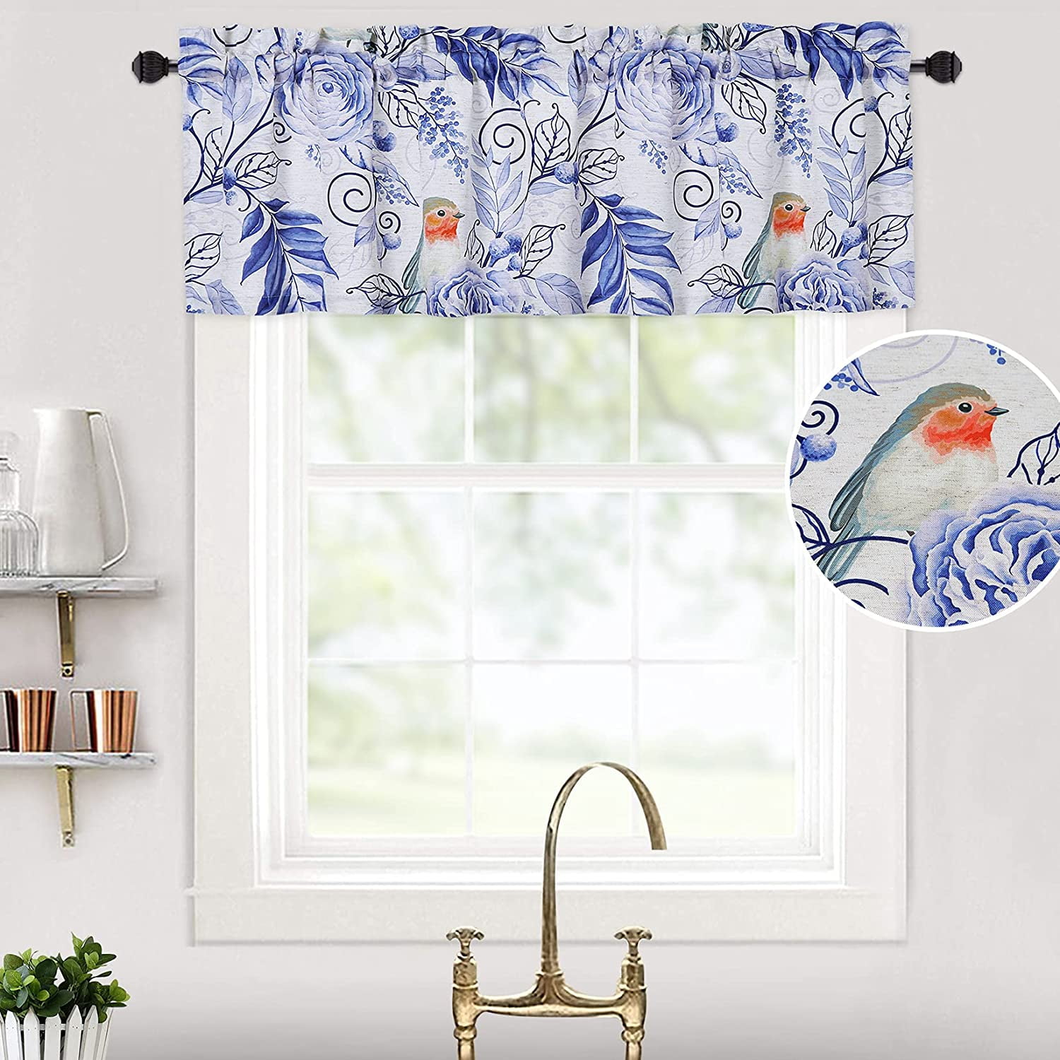 Valance Curtain for Window Blue, Kitchen Curtains Valances Floral Linen