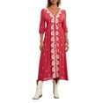 thumbnail image 3 of Women's Summer Embroidered Dress 3/4 Sleeve V-Neck Tie Tunic Waist Long Dress for Beach, Party, 3 of 10