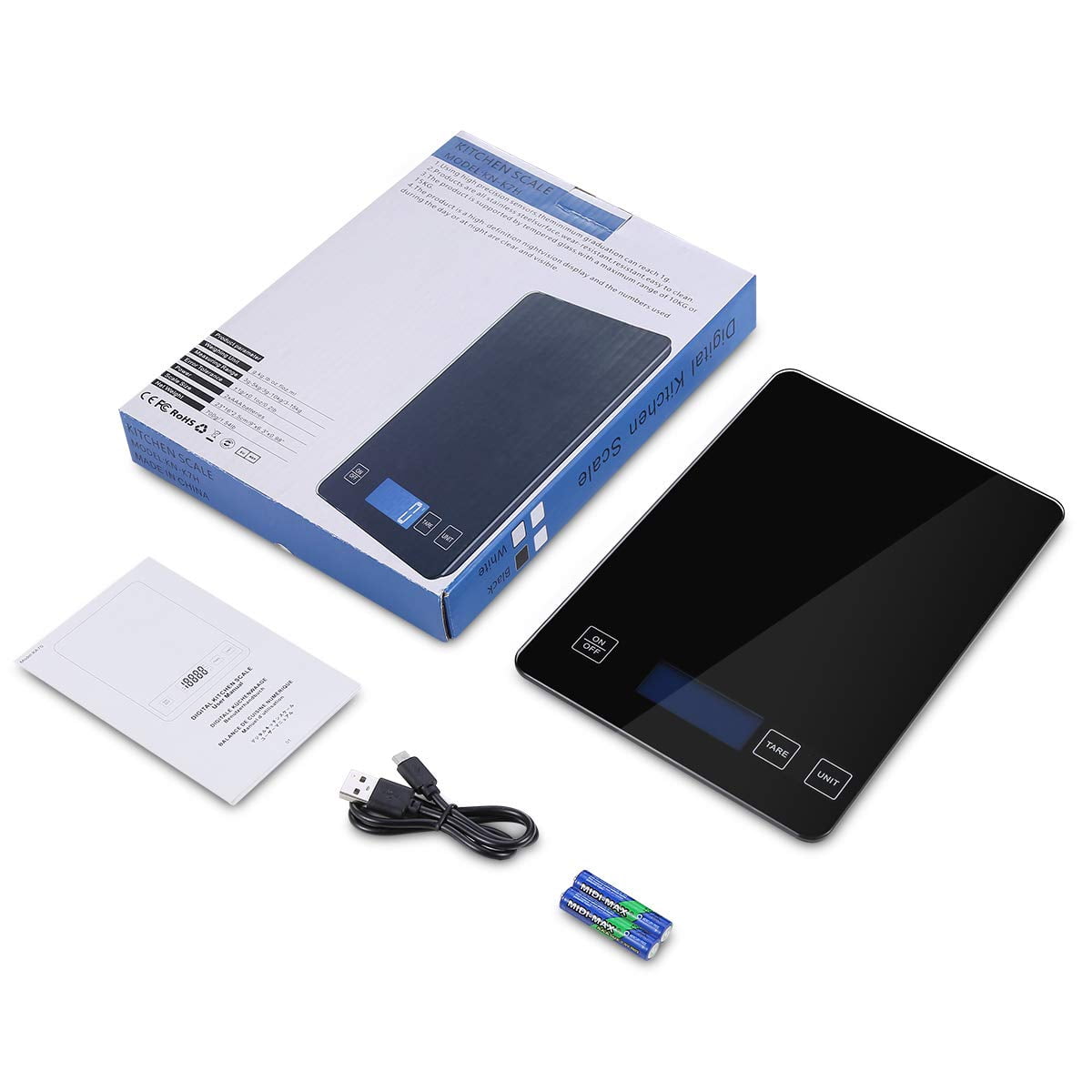 AMIR Digital Kitchen Scale, 10kg/22lb Food Scale, 1g/0.1oz Precise Graduation, Waterproof Tempered Glass Platform, High Accuracy Multi-Function Scale For Cooking Baking (White, Battery Included