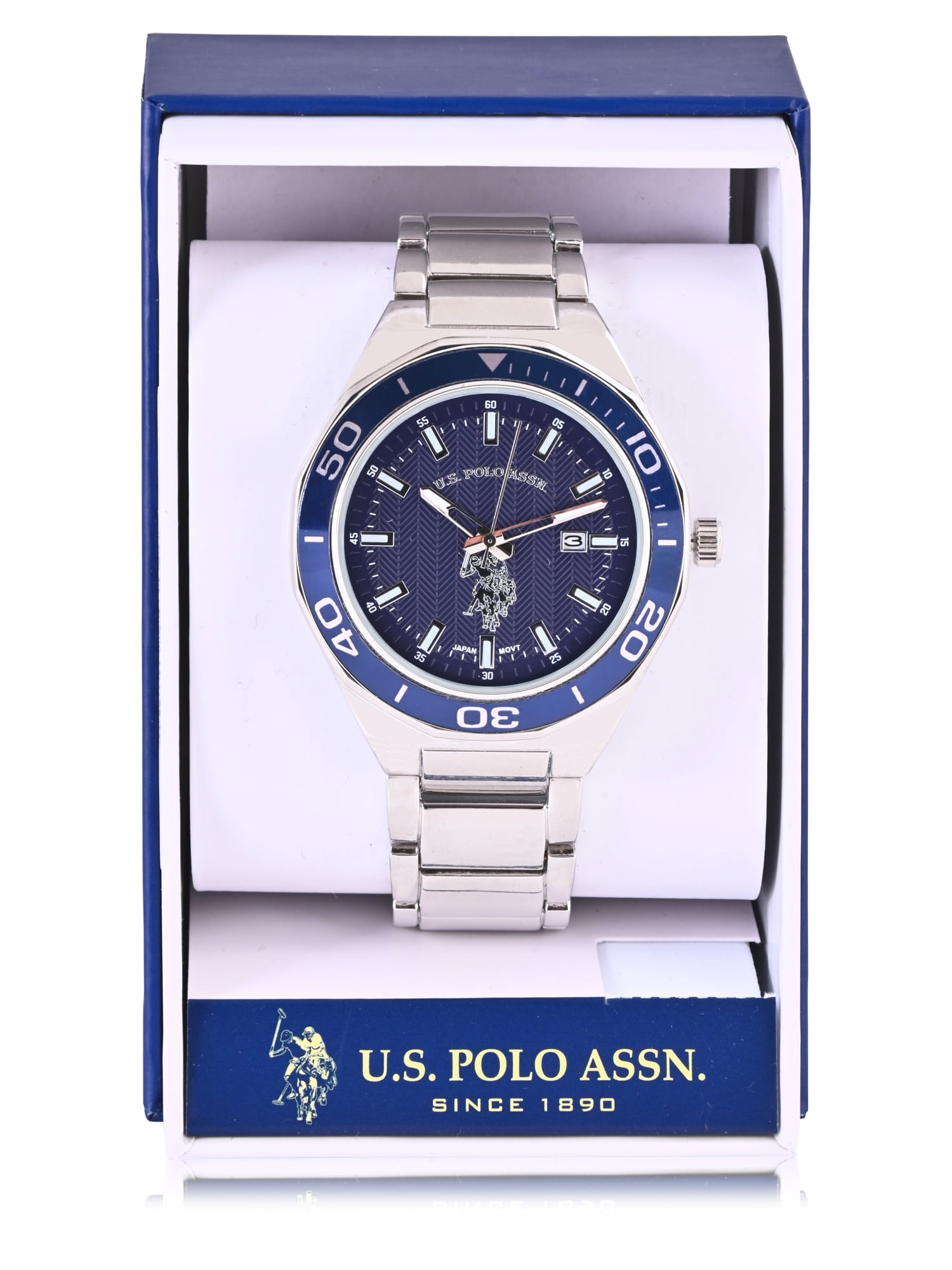 U.S. Polo Assn. Adult Male Silver Bracelet Analog Watch with Blue Sport Bezel & Blue Dial (USC80731WM)