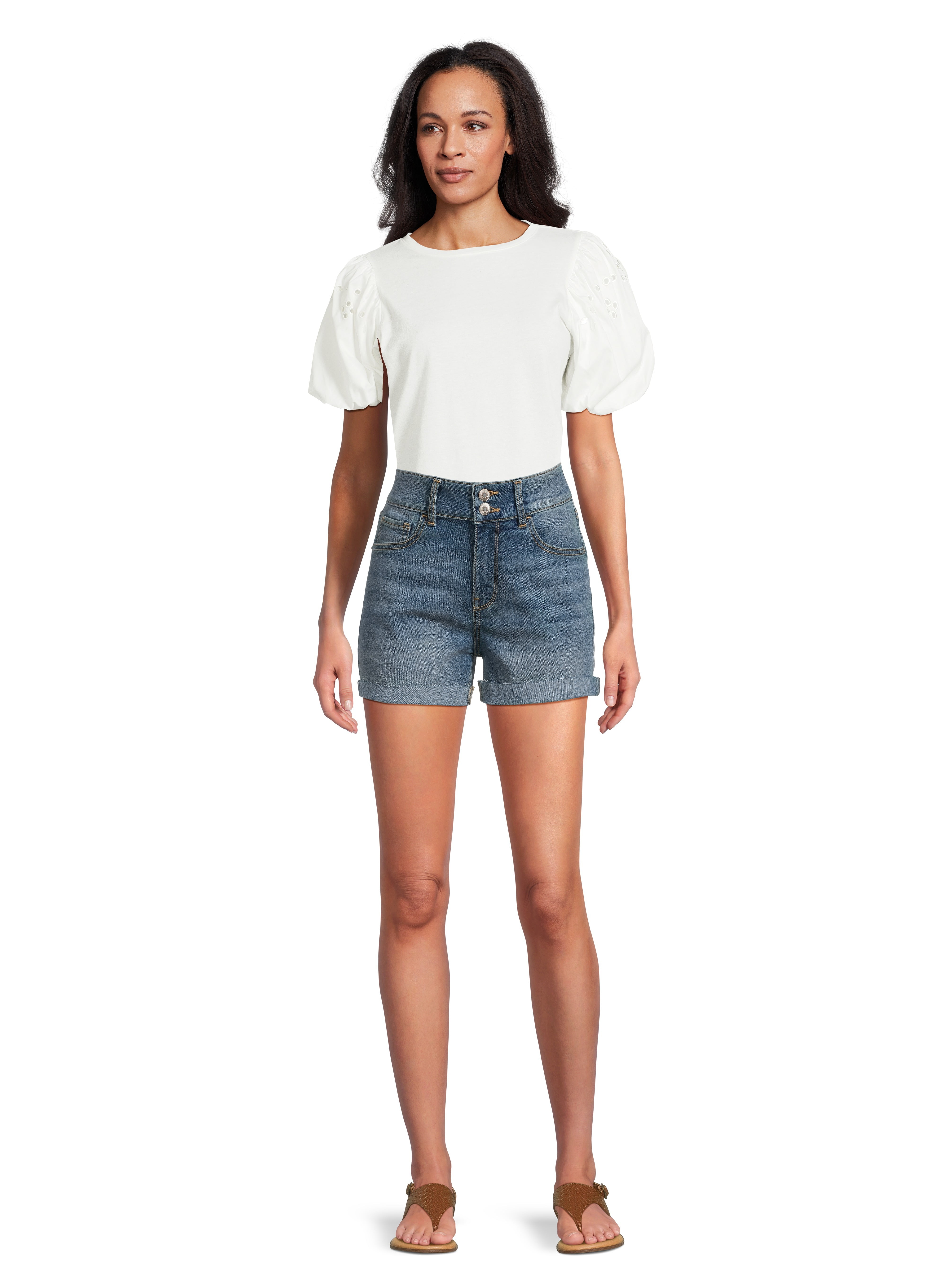 No Boundaries Juniors’ Mid Rise Double Button Denim Shorts, 4” Inseam, Sizes 1-21