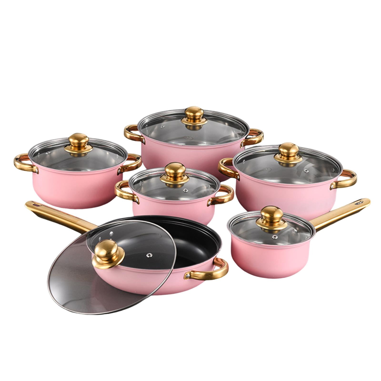 Nishiyuenyi 6 Pieces Stainless Steel Cookware Set Nonstick Pots and Pans Set for Kitchen Pink