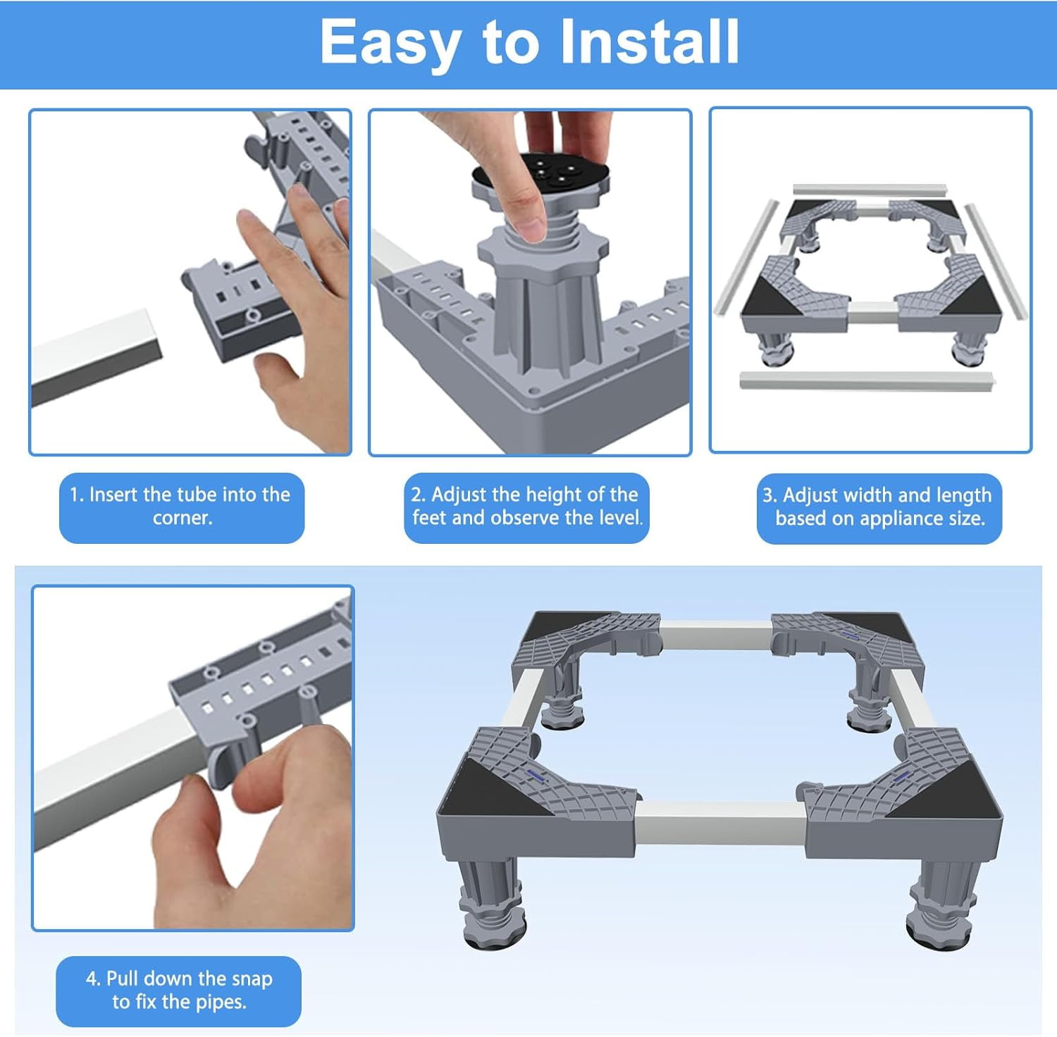 Adjustable Mini Fridge Stand, Portable Washer Stand Base with 4 Support Legs for Refrigerator, Dryer and Washing Machine, Gray
