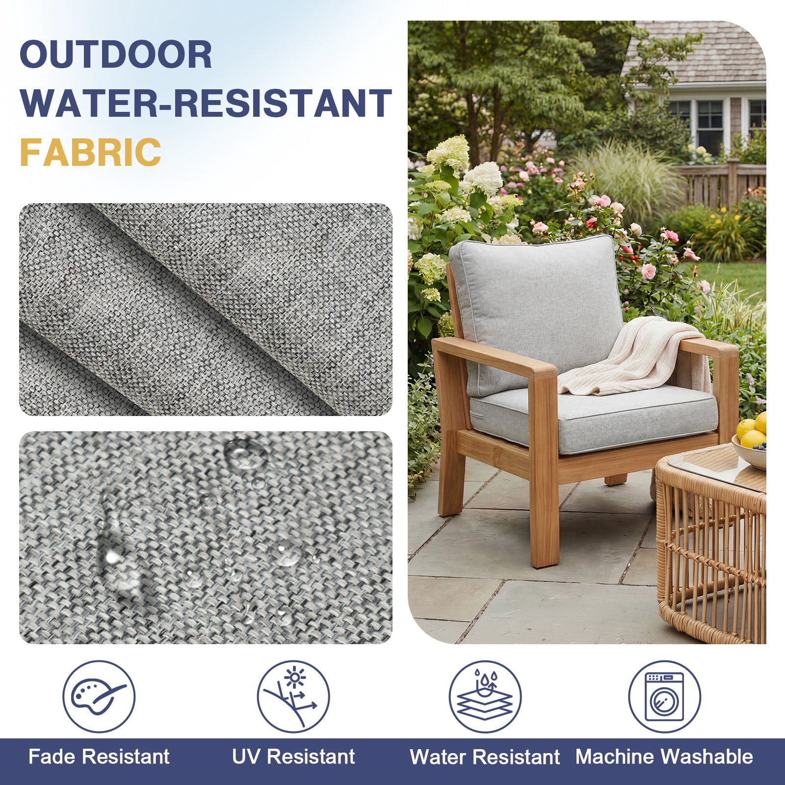 Aoodor 24 x 26 Inch Outdoor Seat Cushion Set of 2, Water-Resistant & Fade Resistant Deep Seat and Back Cushion with Removable Cover for Patio Furniture Chair, Sofa and Couch, Light Gray